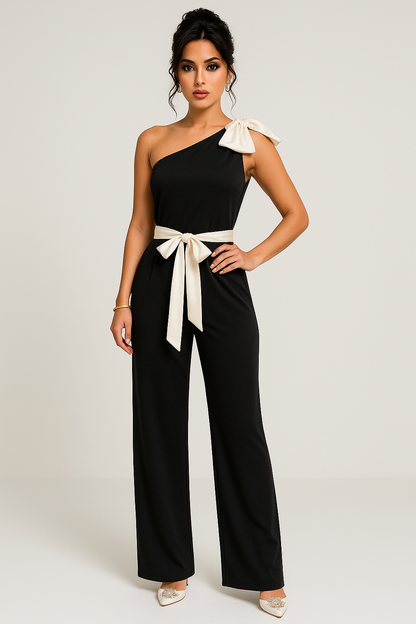 Women's jumpsuit – Fitted cut – Fluid satin – Off-the-shoulder with elegant bow