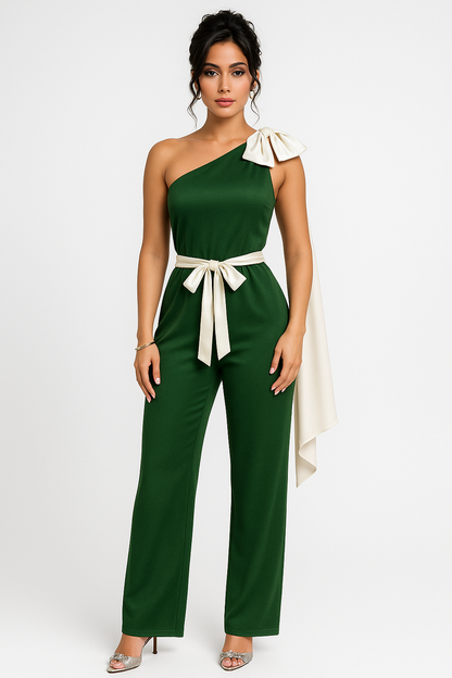 Women's jumpsuit – Fitted cut – Fluid satin – Off-the-shoulder with elegant bow