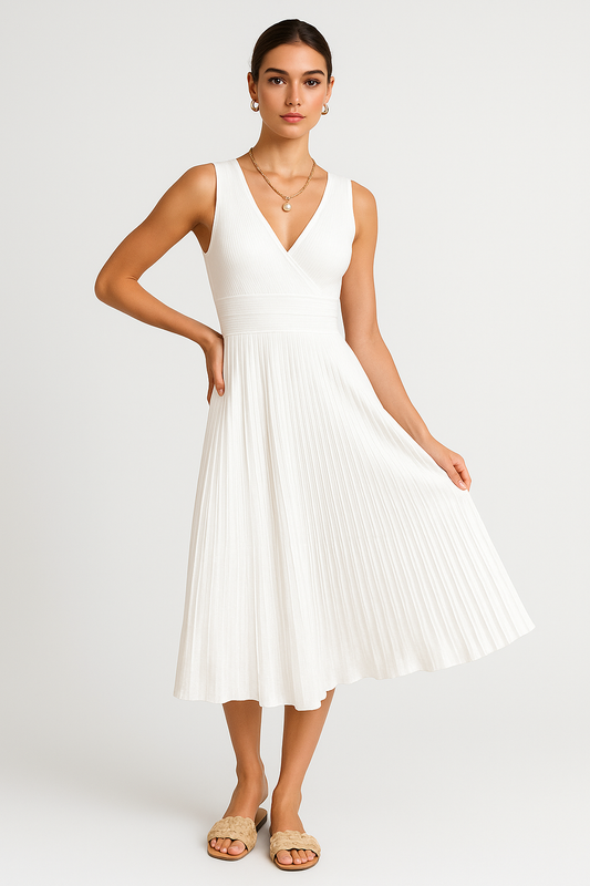 Robe midi femme – Encolure en V – Sans manches – Taille haute – Coupe évasée plissée