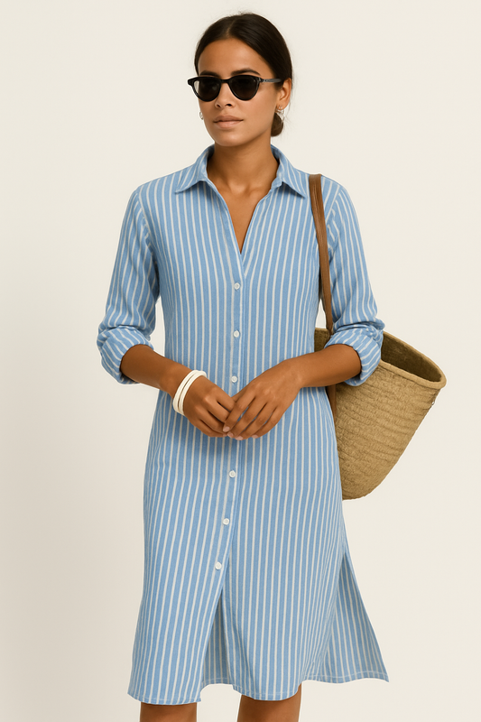 Women's Shirt Dress – Straight Cut – Buttoned – Midi Length – Breathable Fabric