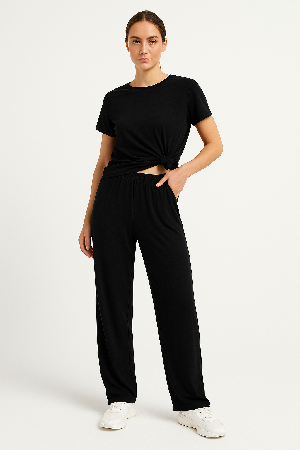 Women's Lounge Set – Cropped Top Short Sleeves – Wide Leg Pants – Breathable Fabric