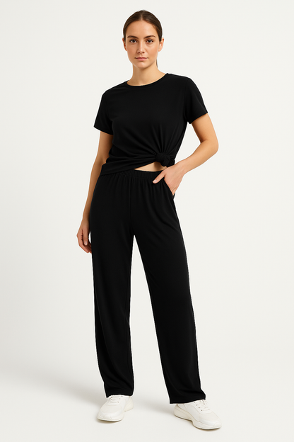Women's Lounge Set – Cropped Top Short Sleeves – Wide Leg Pants – Breathable Fabric
