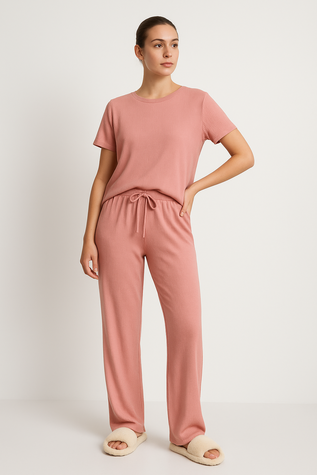 Women's Lounge Set – Cropped Top Short Sleeves – Wide Leg Pants – Breathable Fabric