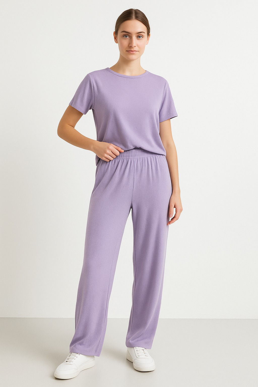 Women's Lounge Set – Cropped Top Short Sleeves – Wide Leg Pants – Breathable Fabric