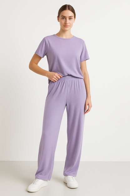 Women's Lounge Set – Cropped Top Short Sleeves – Wide Leg Pants – Breathable Fabric