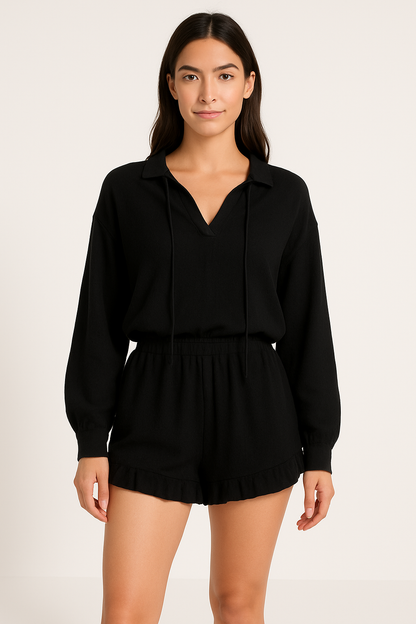 Women's Two-Piece Set – Breathable Fabric – Top V-Neck Puff Sleeves – Ruffled Shorts Elastic Waist