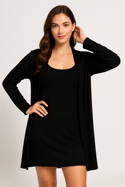Ensemble Loungewear Femme – Maille Côtelée Douce – Robe Ajustée et Peignoir Ample