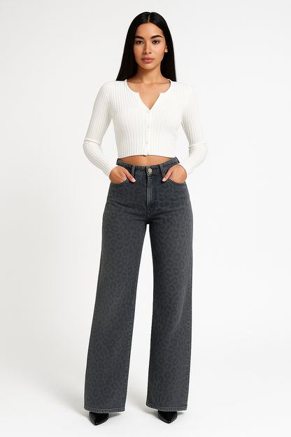 Jean femme – Taille haute – Coupe droite – Imprimé tendance – Denim stretch