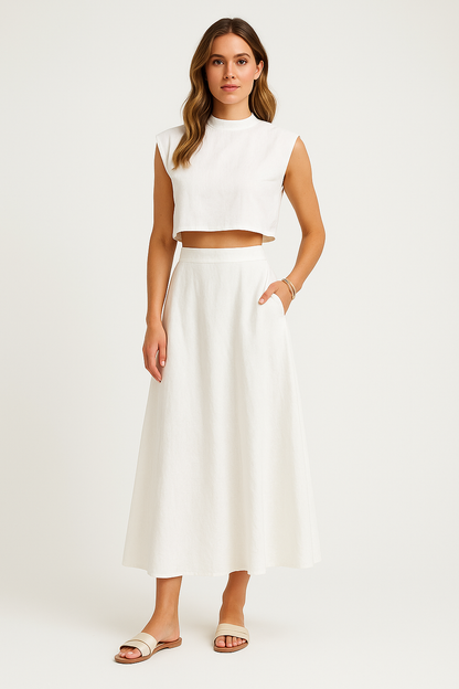Women's Two-Piece Set – Loose Cropped Top – High Waist Midi Skirt – Breathable Fabric