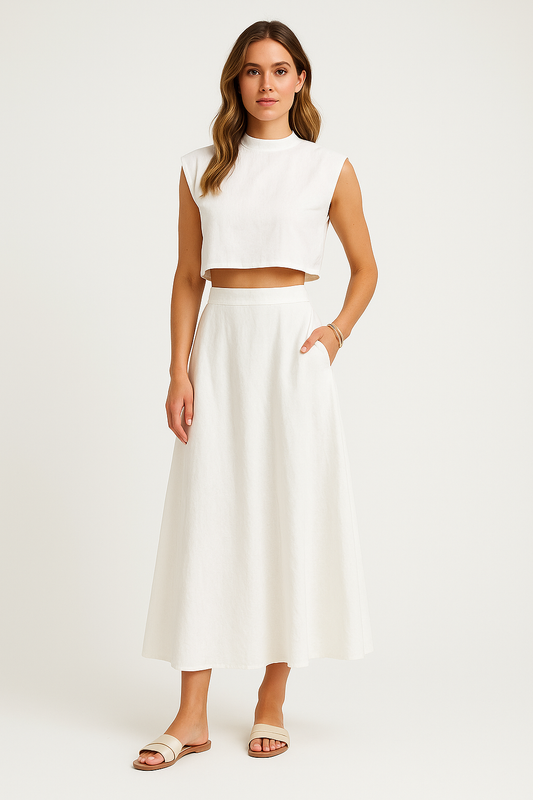 Women's Two-Piece Set – Loose Cropped Top – High Waist Midi Skirt – Breathable Fabric