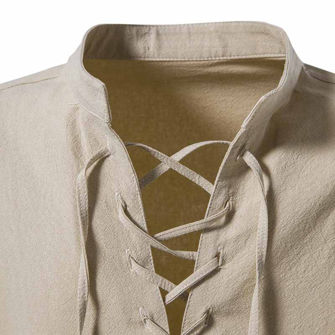 Louie Linen Relaxed Fit Lace-Up Shirt | Band Collar Lace-Up Shirt
