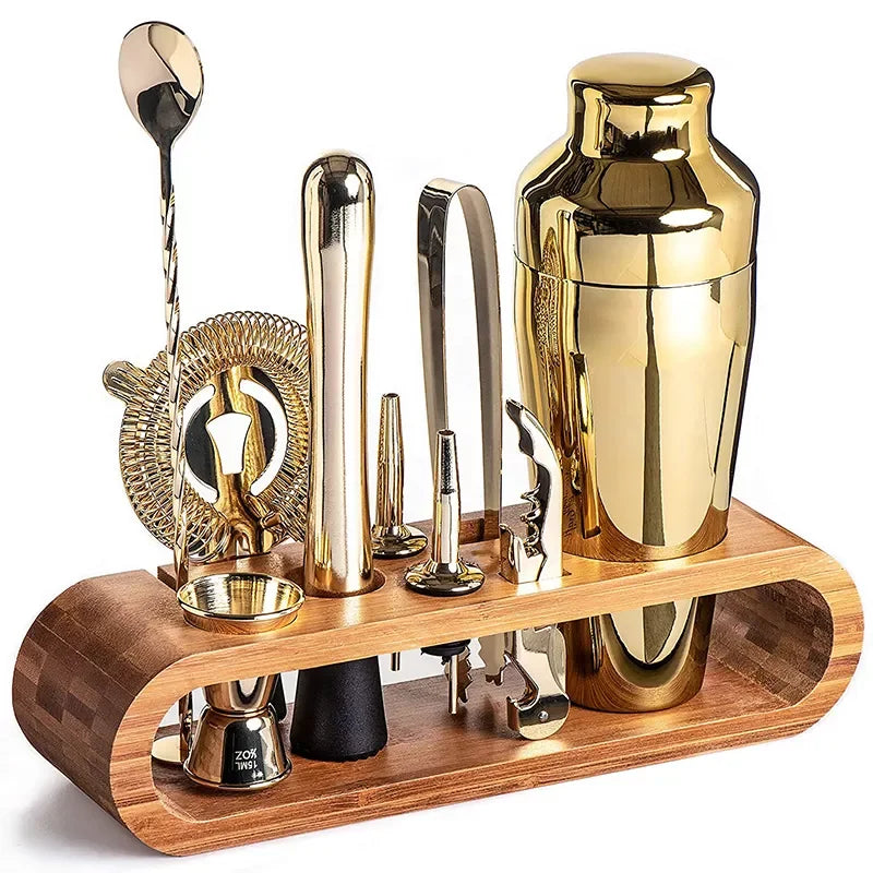 Minimalist Stainless Steel Cocktail Shaker Set With Bamboo Stand