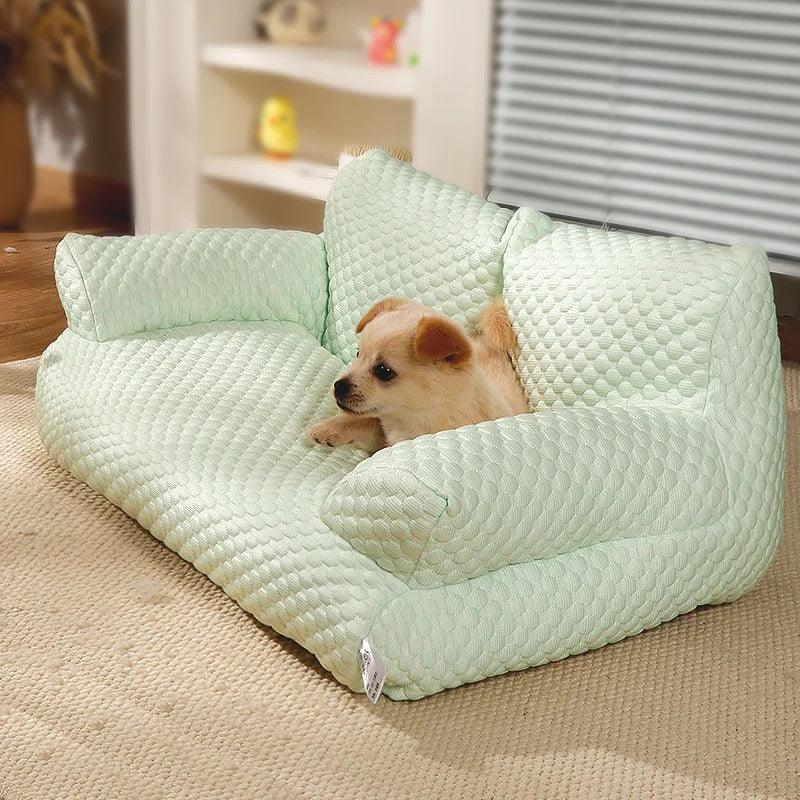 Quilted Fabric Dog Sofa With Supportive Armrests