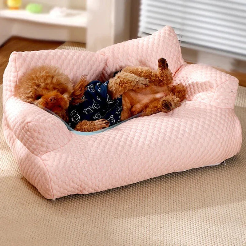 Quilted Fabric Dog Sofa With Supportive Armrests