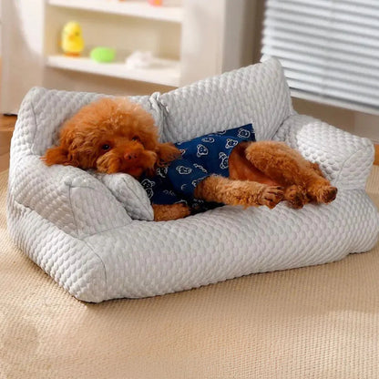Quilted Fabric Dog Sofa With Supportive Armrests