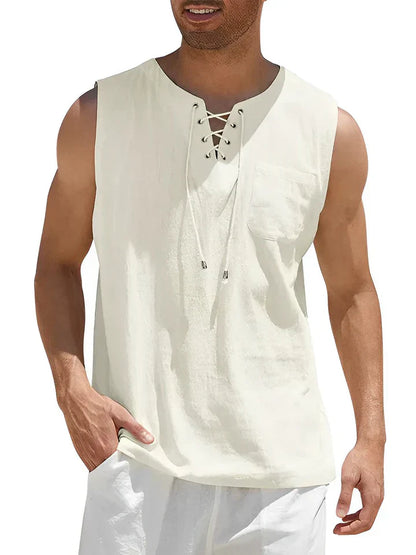 Men's tank top – Relaxed fit – Lace-up front – Chest pocket – Breathable fabric