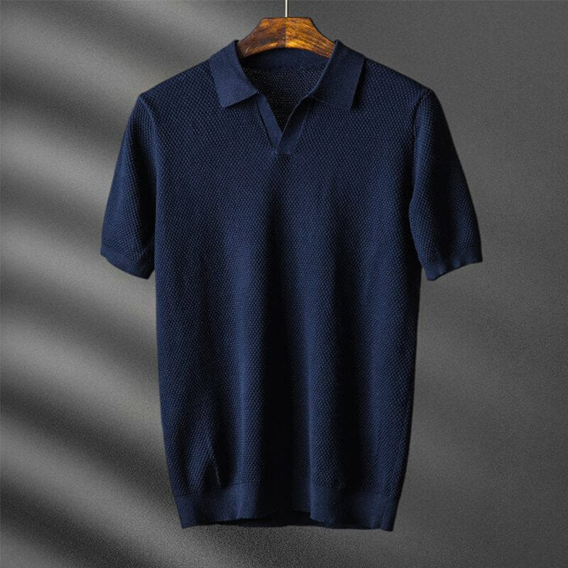 Textured Knit Open Placket Polo Shirt for Men – Smart-Casual Style & Comfort