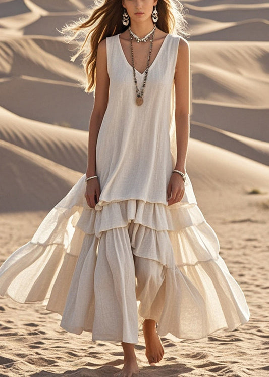 Robe longue femme – Coupe ample – Sans manches – Col en V – Ourlet à volants