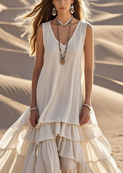 Robe longue femme – Coupe ample – Sans manches – Col en V – Ourlet à volants
