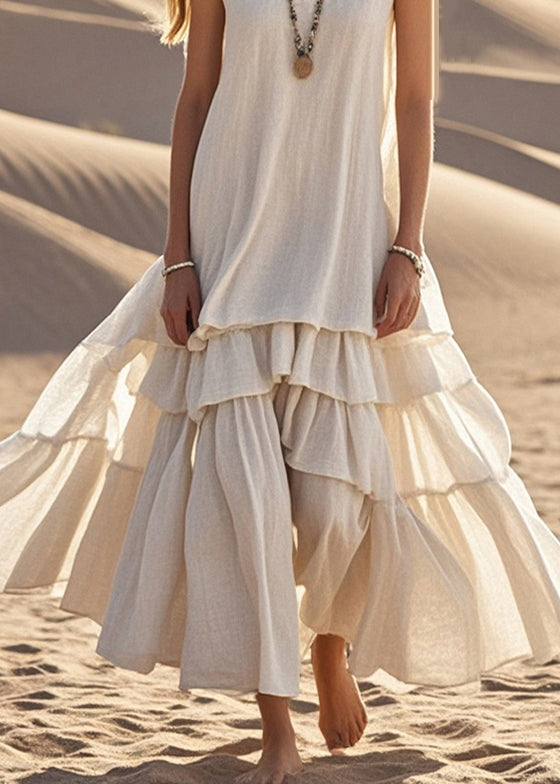 Robe longue femme – Coupe ample – Sans manches – Col en V – Ourlet à volants