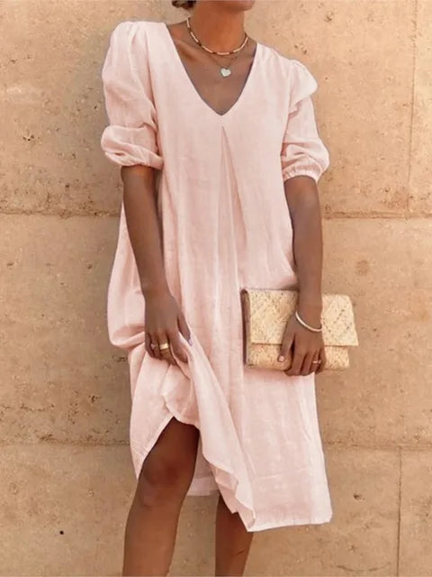 Women's midi dress – Relaxed fit – V-neck – Ruched sleeves – Breathable fabric