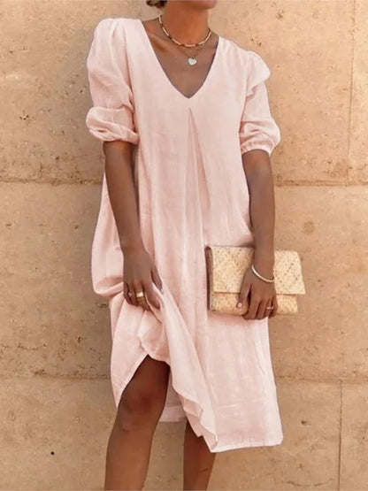 Women's midi dress – Relaxed fit – V-neck – Ruched sleeves – Breathable fabric