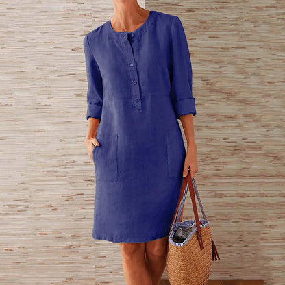 Robe femme – Coupe décontractée – Linnen – Manches 3/4 – Boutonnée – Poches