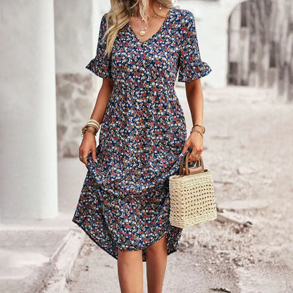 Women's midi dress – Flowing cut – Breathable fabric – Butterfly sleeves – V-neck