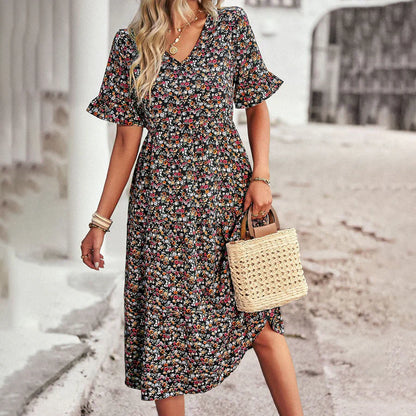 Women's midi dress – Flowing cut – Breathable fabric – Butterfly sleeves – V-neck