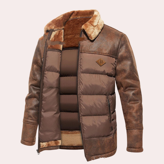 Men's Down Jacket - Distressed Faux Leather - Straight Fit - Hip Length