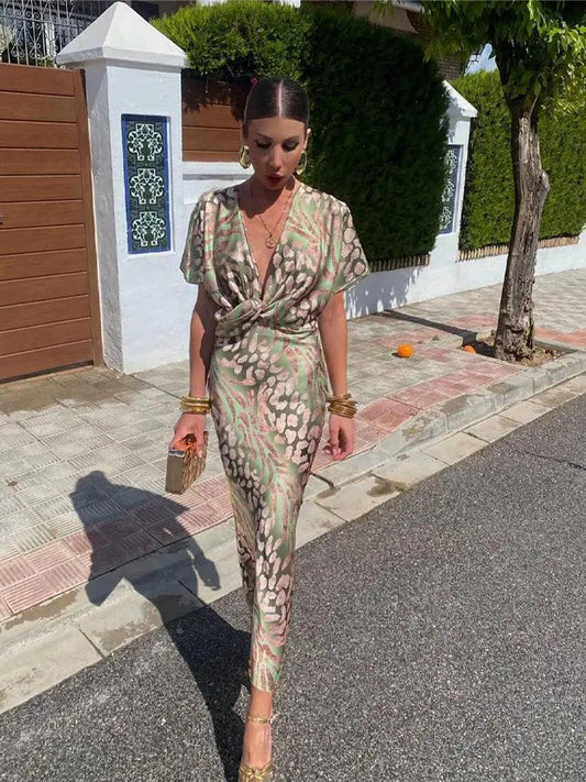 Robe midi femme – Encolure en V – Manches courtes – Coupe ajustée fluide fleurie