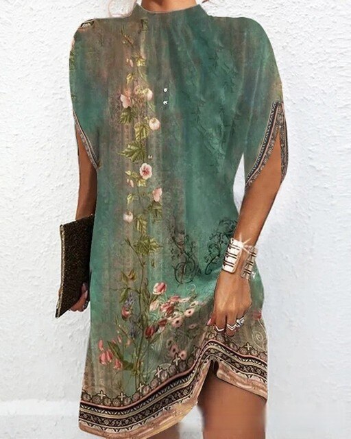 Short women's dress – Relaxed fit – High collar – Floral print – Lightweight breathable fabric