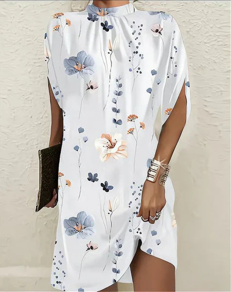 Short women's dress – Relaxed fit – High collar – Floral print – Lightweight breathable fabric