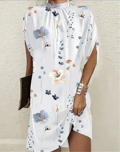 Short women's dress – Relaxed fit – High collar – Floral print – Lightweight breathable fabric