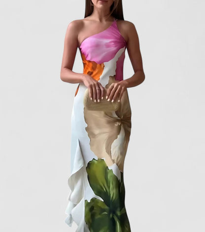 Women's evening dress – Asymmetric neckline – Luxurious fabric – Fitted cut