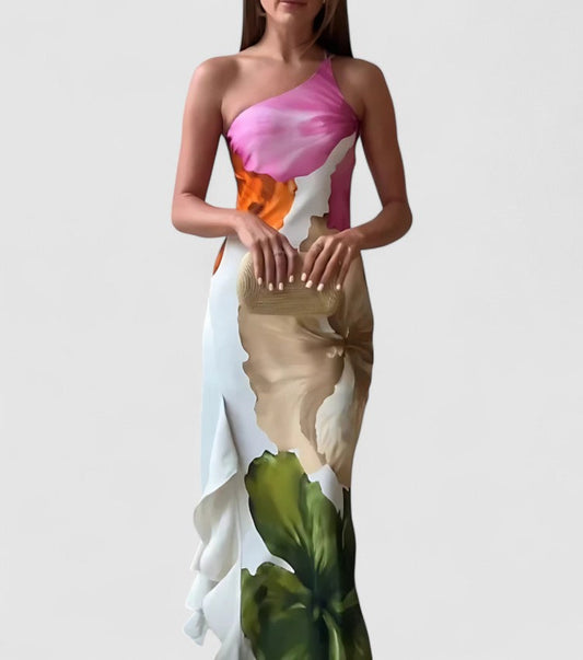Women's evening dress – Asymmetric neckline – Luxurious fabric – Fitted cut