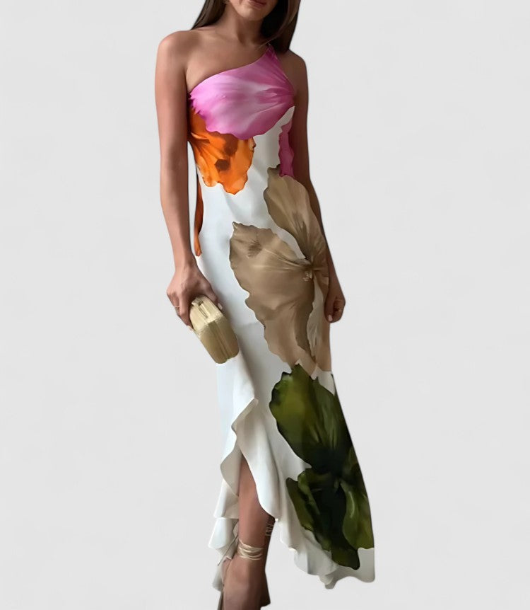Women's evening dress – Asymmetric neckline – Luxurious fabric – Fitted cut