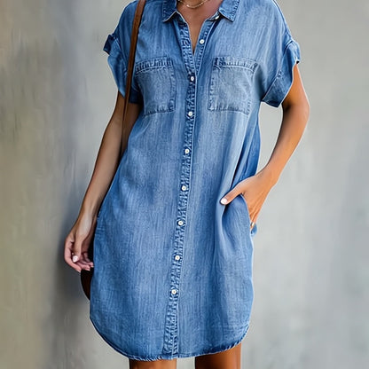 Women's Shirt Dress – Relaxed Fit – Buttoned – Short Sleeves With Cuffs