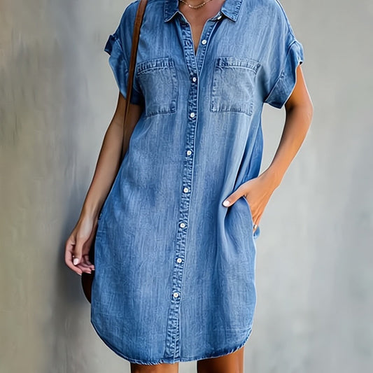 Women's Shirt Dress – Relaxed Fit – Buttoned – Short Sleeves With Cuffs