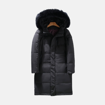 Men's Long Puffer Coat - Woven Fabric - Relaxed Fit - Stand Collar With Fur-Lined Hood - Mid-Thigh Length