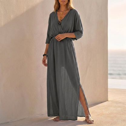 V-Neck Dolman Sleeve Maxi Dress for Women – Relaxed Fit & Pockets