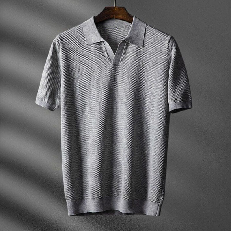 Textured Knit Open Placket Polo Shirt for Men – Smart-Casual Style & Comfort