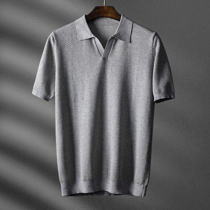 Textured Knit Open Placket Polo Shirt for Men – Smart-Casual Style & Comfort