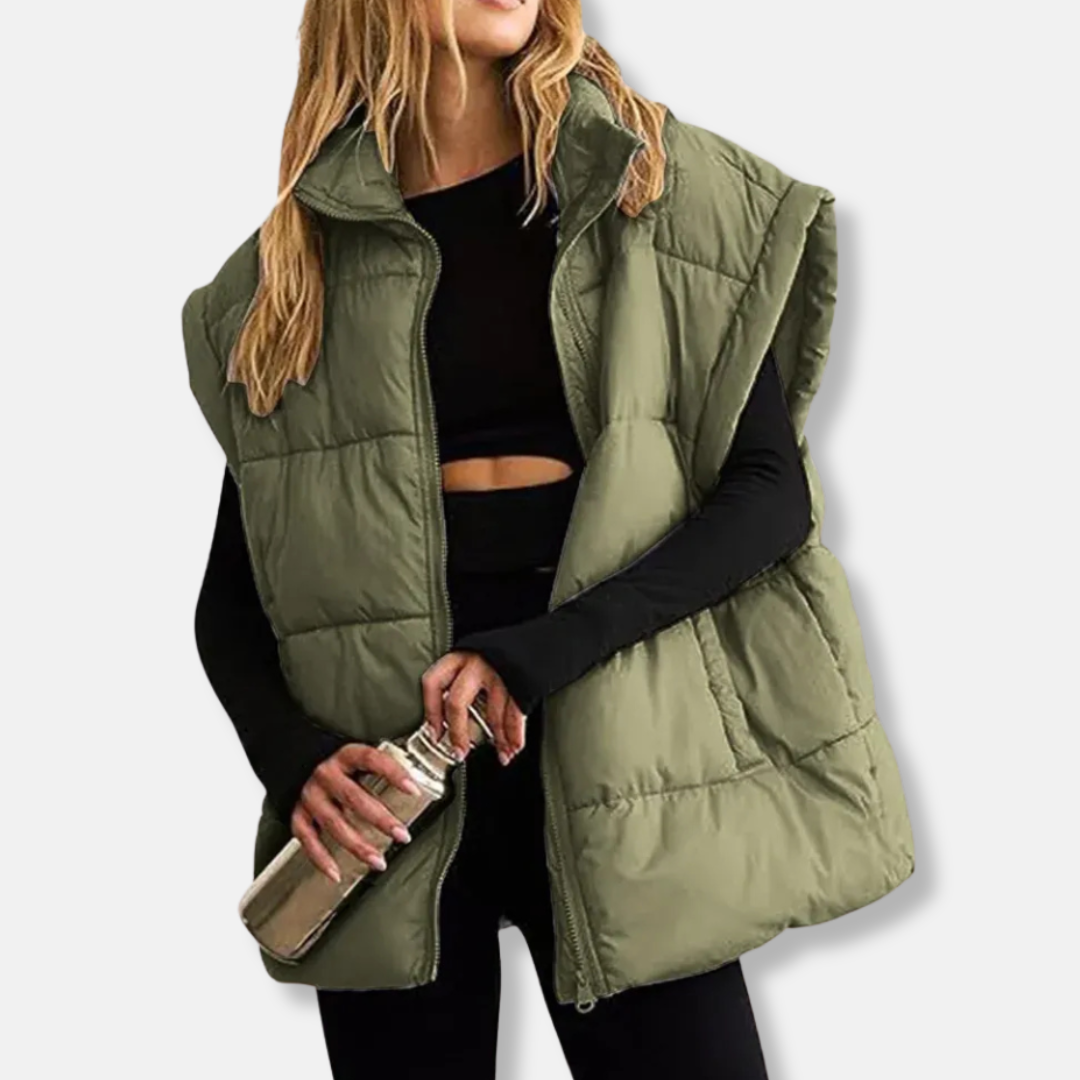 Women's Puffer Vest - Quilted Insulated - Sleeveless - Stand Collar - Hip Length