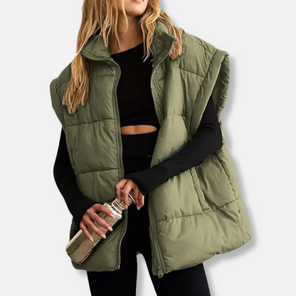 Women's Puffer Vest - Quilted Insulated - Sleeveless - Stand Collar - Hip Length