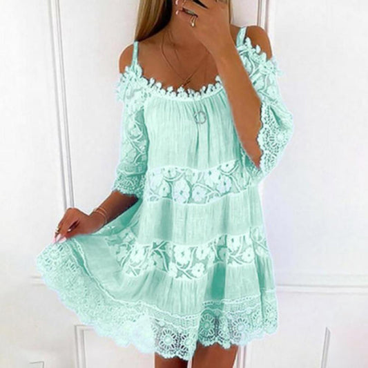 Women's dress off-the-shoulder – Fluid cut – Breathable fabric – Refined lace