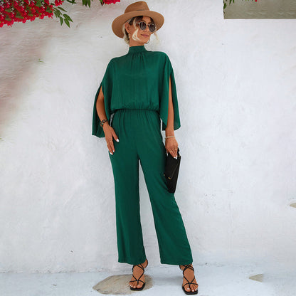 Women's Jumpsuit – Loose Fit – Breathable Fabric – Stand Collar – Cape Sleeves