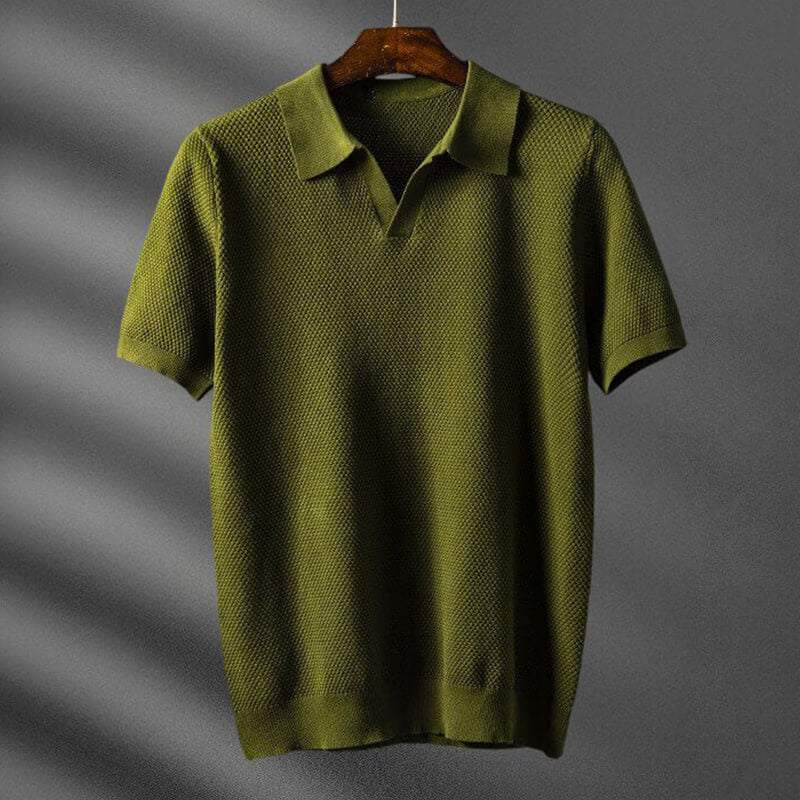 Textured Knit Open Placket Polo Shirt for Men – Smart-Casual Style & Comfort