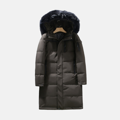 Men's Long Puffer Coat - Woven Fabric - Relaxed Fit - Stand Collar With Fur-Lined Hood - Mid-Thigh Length