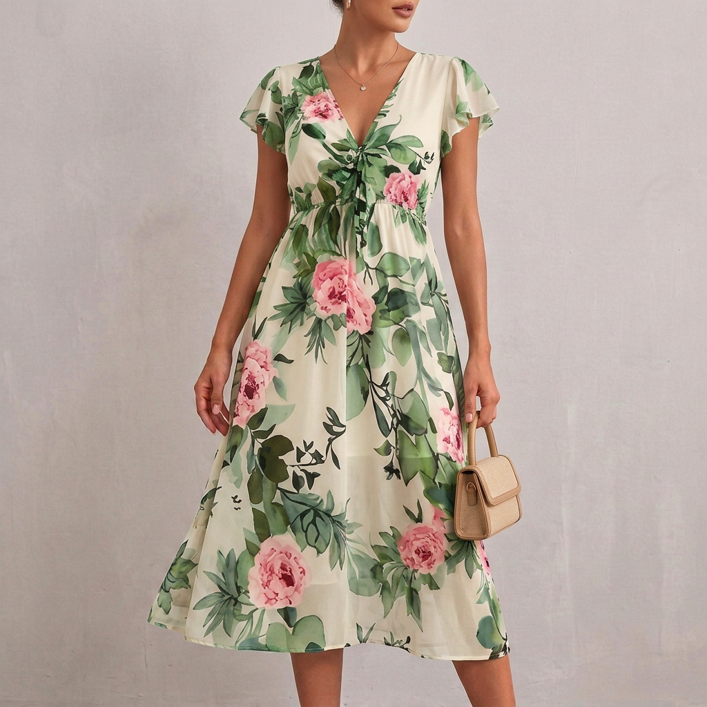 Floral Flutter Sleeve Midi Dress for Women – Flattering & Comfortable Fit